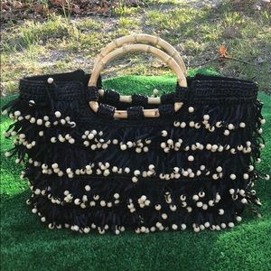 Black Beaded Bag Raffia Straw Bamboo Spring Summer